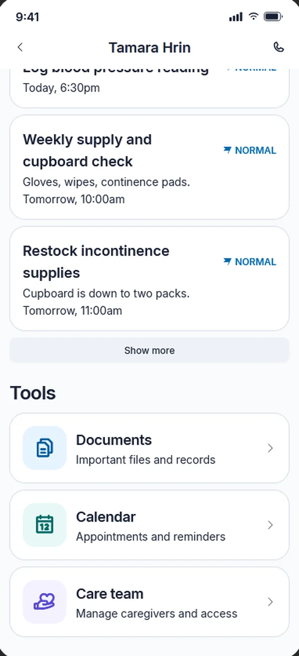Documents, calendar and care circle access, under the open tasks for one person.