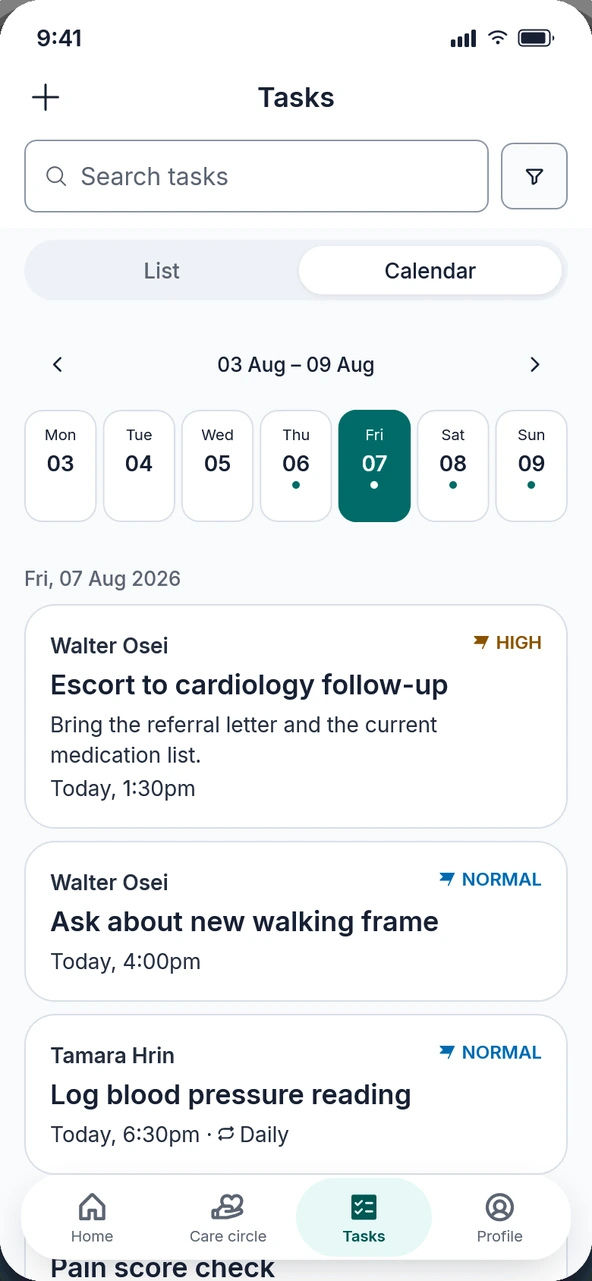 The week's tasks in the caregiver view, each one against the person it is for and the time it is due.