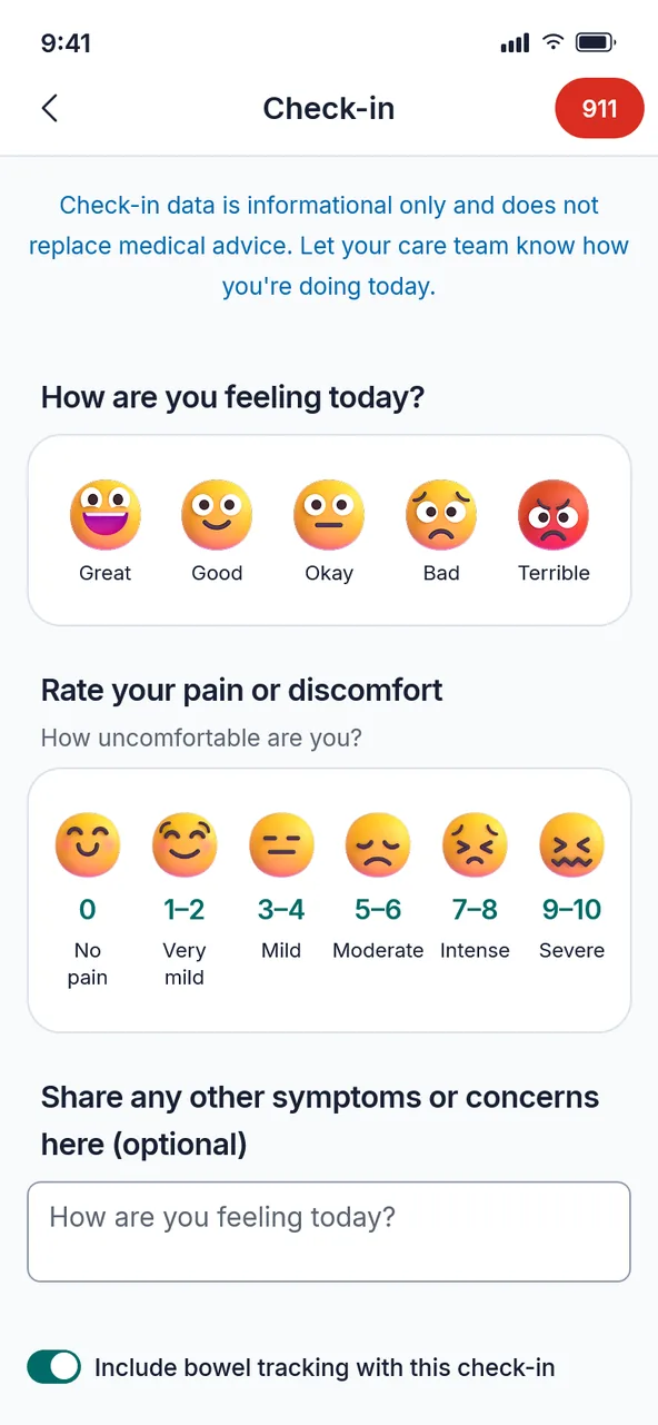 The daily check-in: how she is feeling, a rating for any pain, a box for anything else, and an optional bowel log.