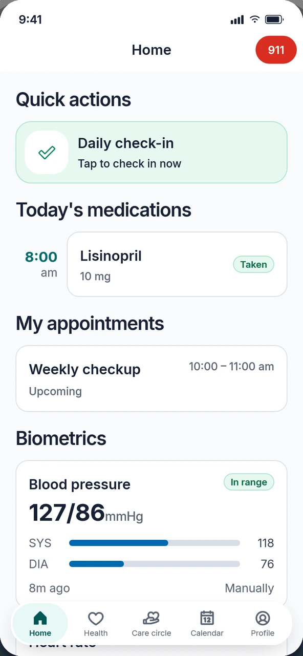 Her own home screen: the daily check-in, today's medications, her next appointment and her latest blood pressure reading.