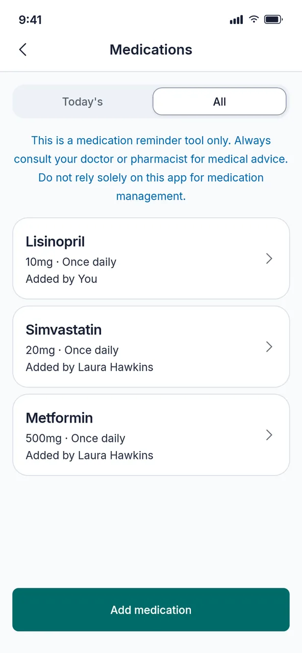 Her medication list: each one with its dose and how often it is taken, and who added it.