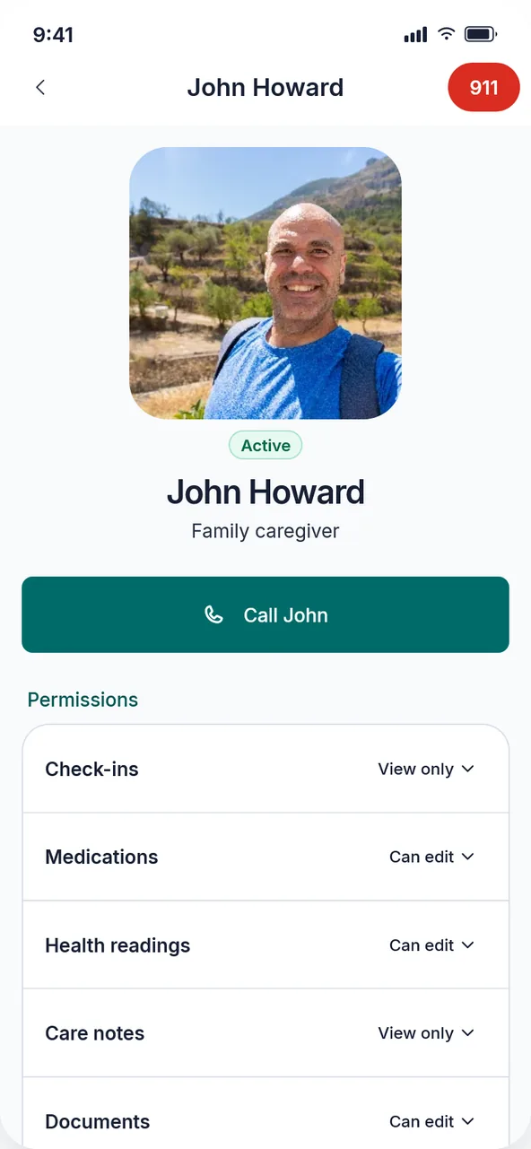 One person in her care circle: their photo, that their access is active, what they are to her, and a button to call them.