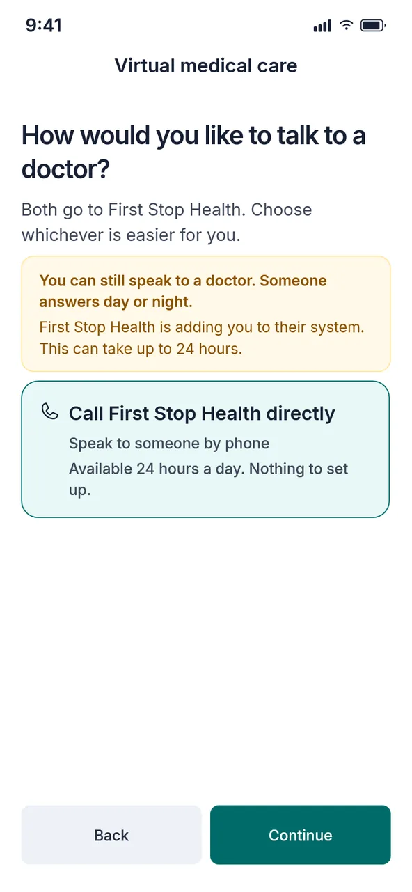 Two ways to reach a clinician from inside the app, either one going to the same practitioner partner.