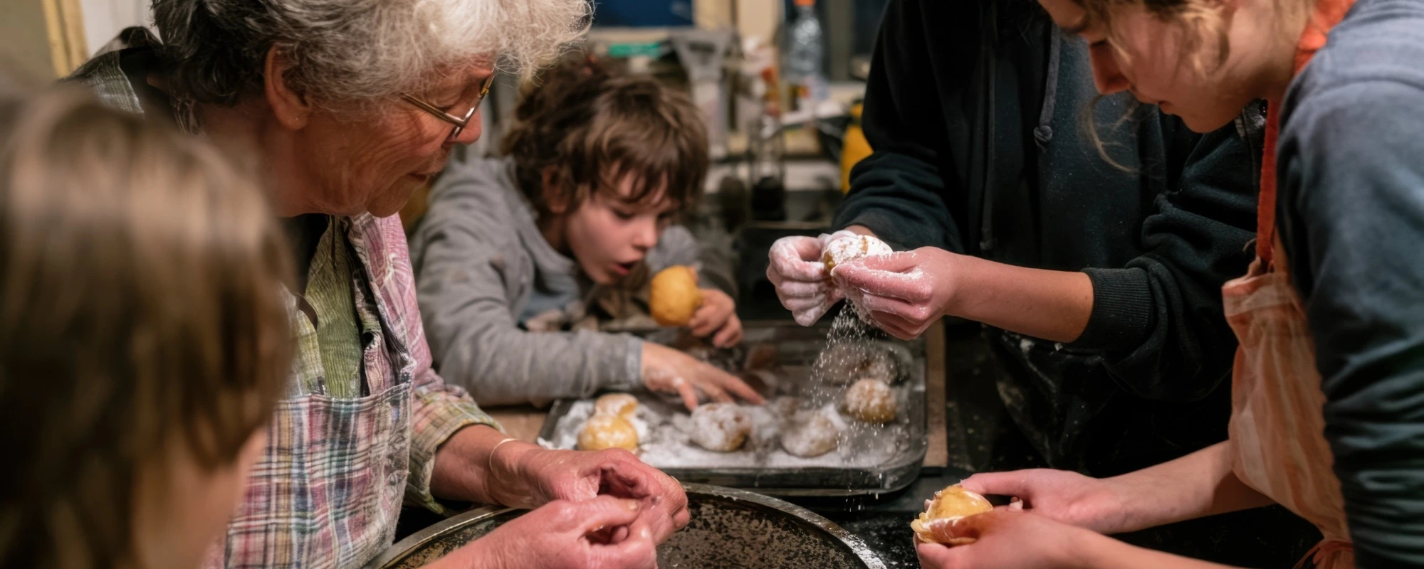 An older woman and her family making dough together in a small kitchen, flour over the tray and the table.