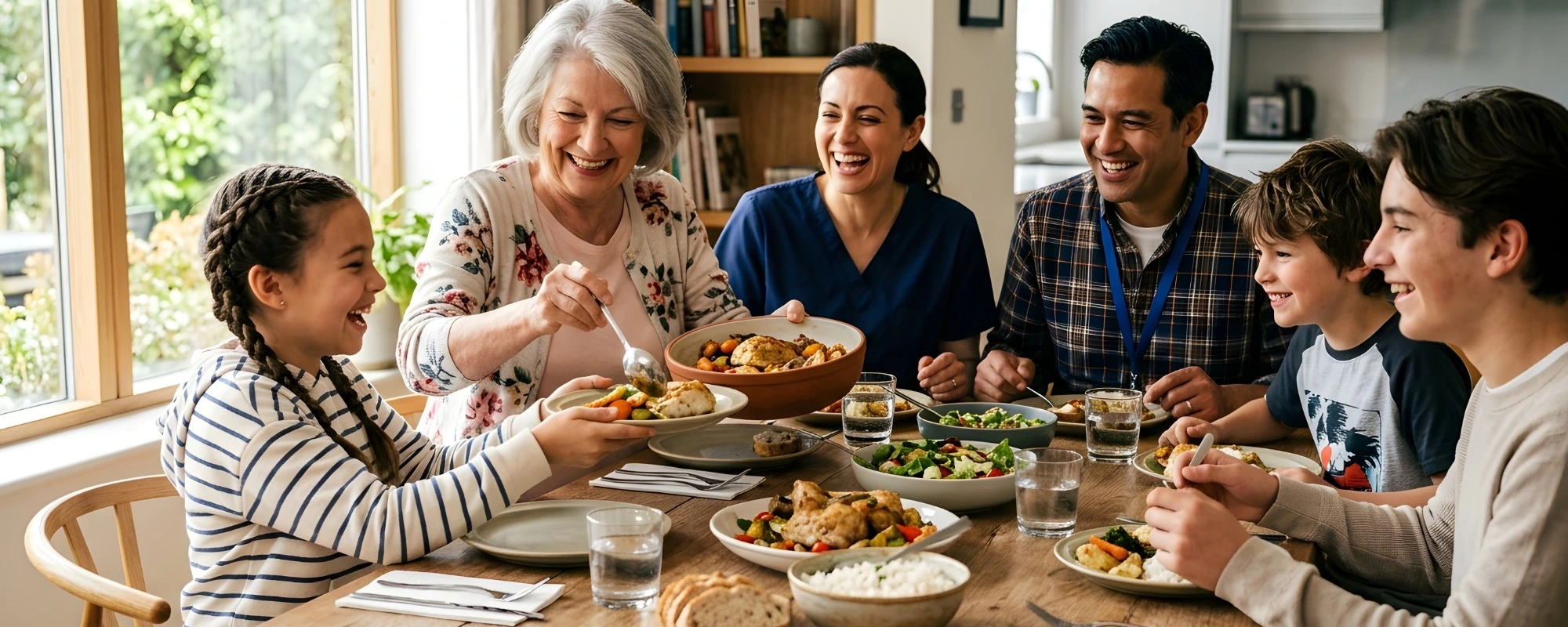 Three generations and a caregiver round a dinner table, a grandmother serving from a dish while a girl holds out her plate.