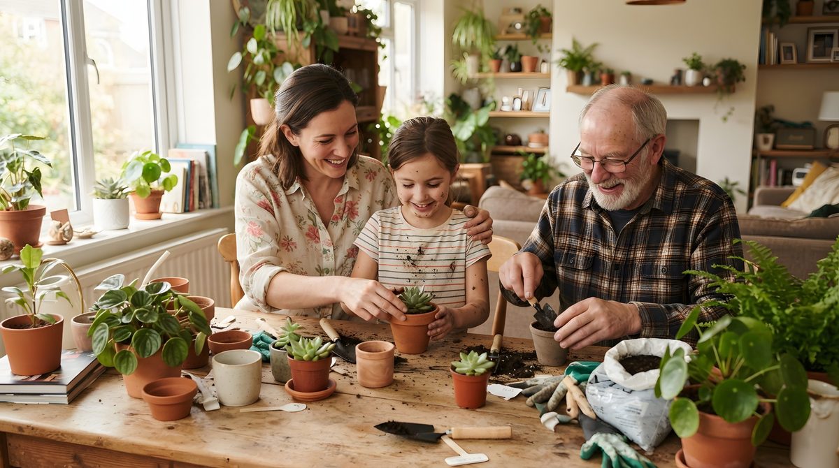 Three generations of one family potting plants together at a kitchen table.