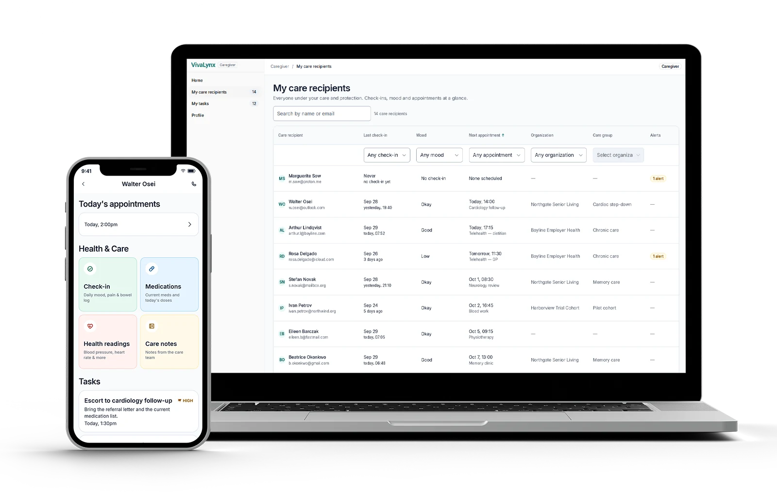 The VivaLynx caregiver console in a browser beside the mobile app: a list of care recipients showing each one's last check-in, mood and next appointment, and one client's appointments, health and tasks on a phone.